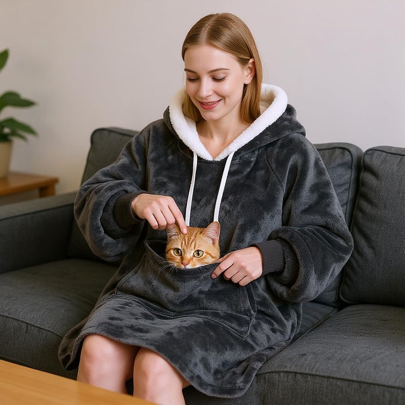 Qeils Wearable Blanket Hoodie for Women, Comfy Sherpa Sweatshirt Blanket as Birthday Christmas Gifts, Oversized Pullover Jacket Blanket Hoodie for Adult (Dark Grey, Adult) - Image 5